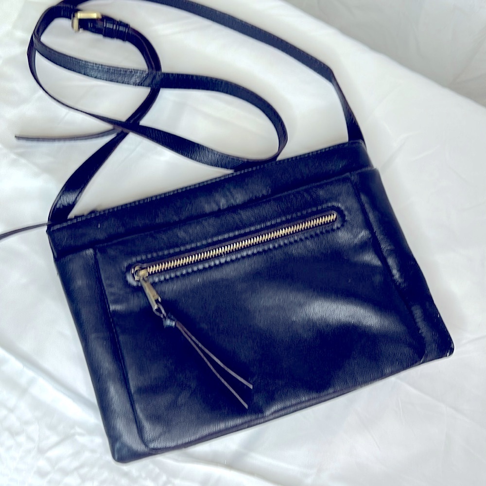 LODIS Montauk top zip black leather crossbody.